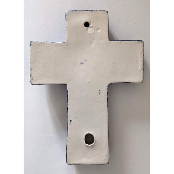 Vintage Folk Art Pottery Cross Blue Hand Made Hand Painted Wall Hanging 9"* 6.5" - Picture 3 of 4